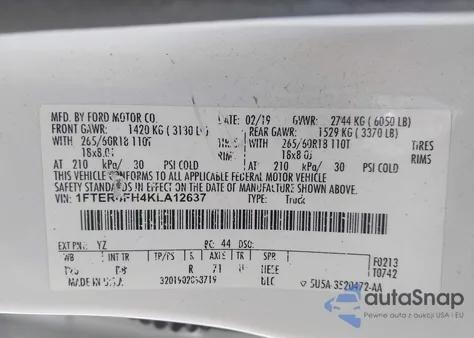 2019 Ford Ranger Lariat z USA, uszkodzony, nr VIN 1FTER4FH4KLA12637